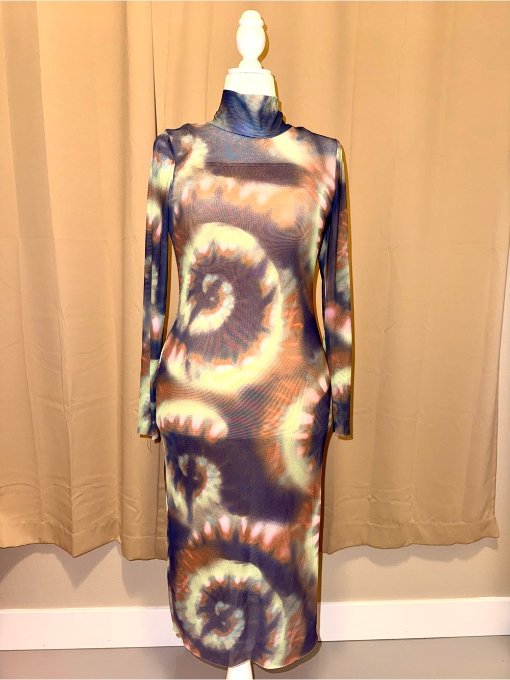 AFRM Helga Dress Berry Swirl Long Sleeve Turtleneck Midi Mesh Dress Fall Colors - Picture 1 of 5